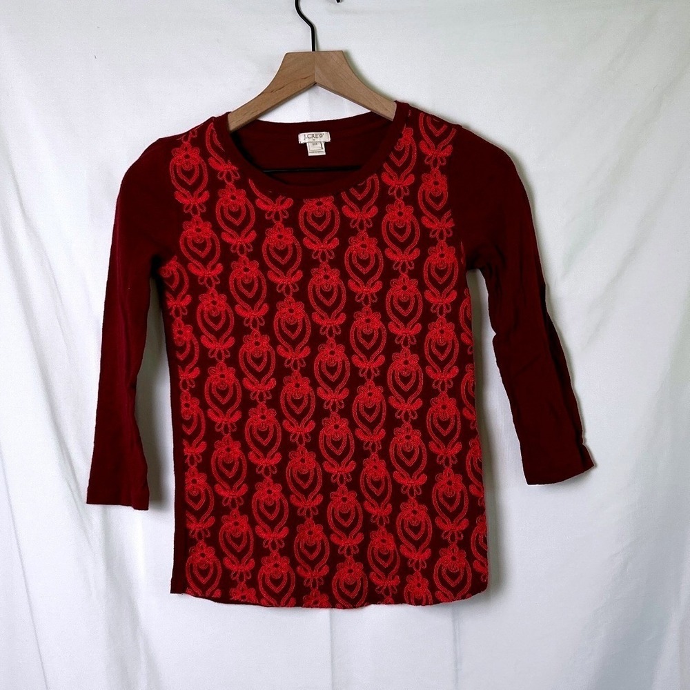 J.Crew Womens Top Burgundy Red Size XXS Embroidered Floral Long Sleeve Crew Neck